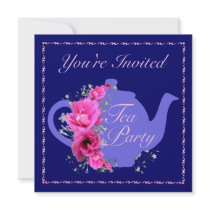 Tea Party Invitations Teapot and Pink Flowers