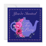 Tea Party Invitations Teapot and Pink Flowers