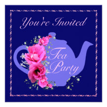Tea Party Invitations Teapot and Pink Flowers