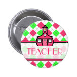 Teacher Button - Pink and Green Argyle