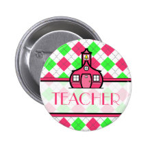 Teacher Button - Pink and Green Argyle