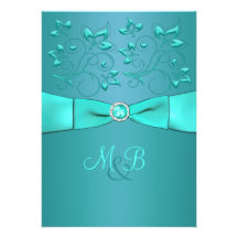 Teal and Aqua Floral II Monogrammed Invitation