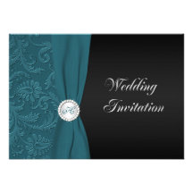 Teal and Black Damask Monogram Wedding Invitation