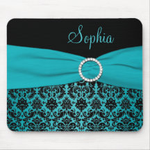 Teal and Black Damask Mousepad