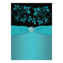Teal and Black Floral Jewelled Wedding Invitation