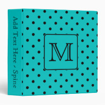 Teal and Black Polka Dot Pattern. Custom Monogram. 3 Ring Binder