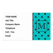 Teal and Black Polka Dot Pattern. Custom Monogram. Business Card Template