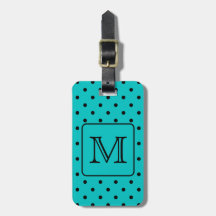 Teal and Black Polka Dot Pattern. Custom Monogram. Tag For Luggage