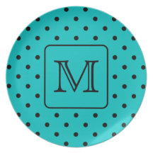 Teal and Black Polka Dot Pattern. Custom Monogram. Plates