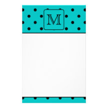 Teal and Black Polka Dot Pattern. Custom Monogram. Custom Stationery