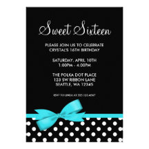 Teal and Black Polka Dots Bow Sweet 16 Birthday Custom Invite