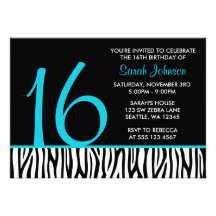 Teal and Black Zebra Sweet 16 Number Birthday Personalized Invite