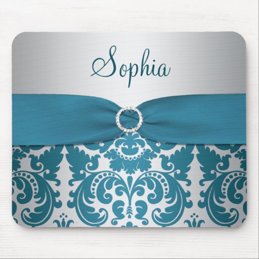 Teal and Silver Damask Mousepad