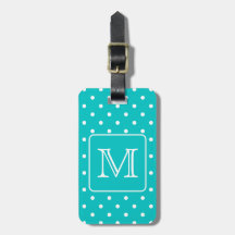 Teal and White Polka Dot Pattern. Custom Monogram. Luggage Tags