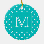 Teal and White Polka Dot Pattern. Custom Monogram. Christmas Ornaments