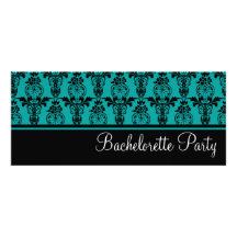 Teal & Black Damask Bachelorette Party Invitations