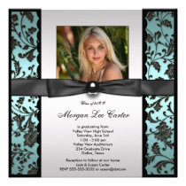 Teal Black Damask Photo Graduation Announcement invitations
