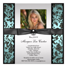 Teal Black Damask Photo Graduation Announcement
