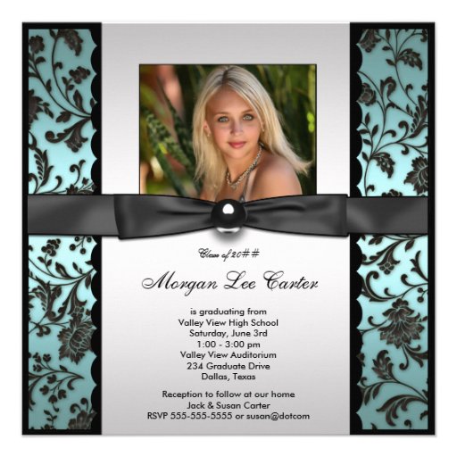 Teal Black Damask Photo Graduation Announcement