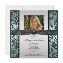 Teal Black Damask Photo Graduation Announcement