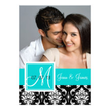 Teal Black Damask Photo Save the Date Custom Announcements