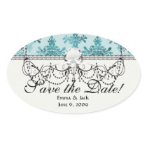 teal blue and aquas distressed damask oval sticker