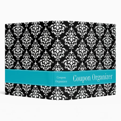 Teal Blue and Black Damask Coupon Organizer Binder