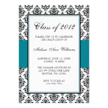 Teal Blue and Black Damask Graduation Announcement invitations