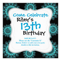 Teal Blue and Black Lace Snowflake Mandala Custom Invite