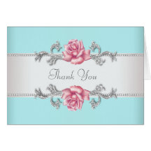 Teal Blue and Pink Rose Thank You Cards