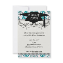 teal blue and slate blue damask graduation announcements