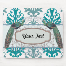 teal blue and slate blue damask peacocks mouse pads