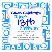 Teal Blue and White Fun Circle Square Pattern Personalized Invite