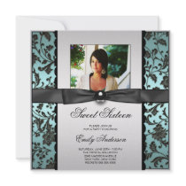 Teal Blue Black Damask Photo Sweet 16 Party Announcement
