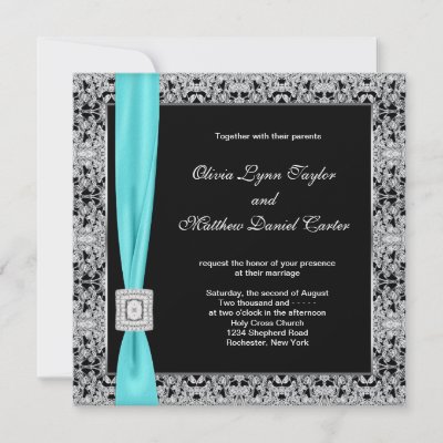 Teal Blue Black Silver Lace Classy Wedding Custom Announcements by