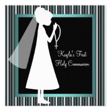 Teal Blue Black White Rosary Girls First Communion Invitation