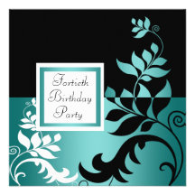 Teal Blue Black Womans 40th Birthday Party Personalized Invitations
