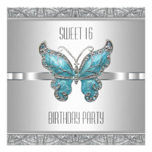 Teal Blue Butterfly Sweet 16 Birthday Party Custom Announcements