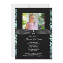 Teal Blue Damask Photo Graduation Announcement