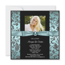 Teal Blue Damask Photo Graduation Custom Announcements