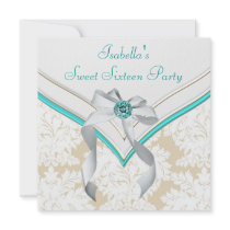 Teal Blue Damask Sweet 16 Party Invitation
