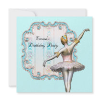 Teal Blue Girls Ballerina Birthday Party Custom Invites