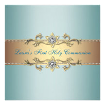 Teal Blue Girls First Communion Personalized Announcements