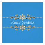 Teal Blue Gold Diamond Sweet Sixteen Invitation