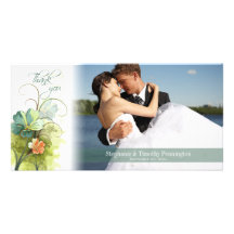 Teal blue green + peach floral wedding thank you photo card template