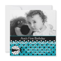 Teal Blue Ladybug Girls Photo 1st Birthday Party Personalized Invites