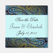 Teal Blue Paisley Peacock Wedding Invitations Fridge Magnets