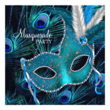 Teal Blue Peacock Mask Masquerade Party Personalized Announcement