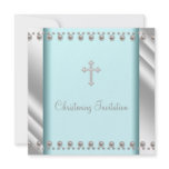 Teal Blue Pearl Cross Baby Baptism Christening Invitation