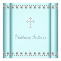 Teal Blue Pearl Cross Baby Boy Girl Christening Personalized Announcements